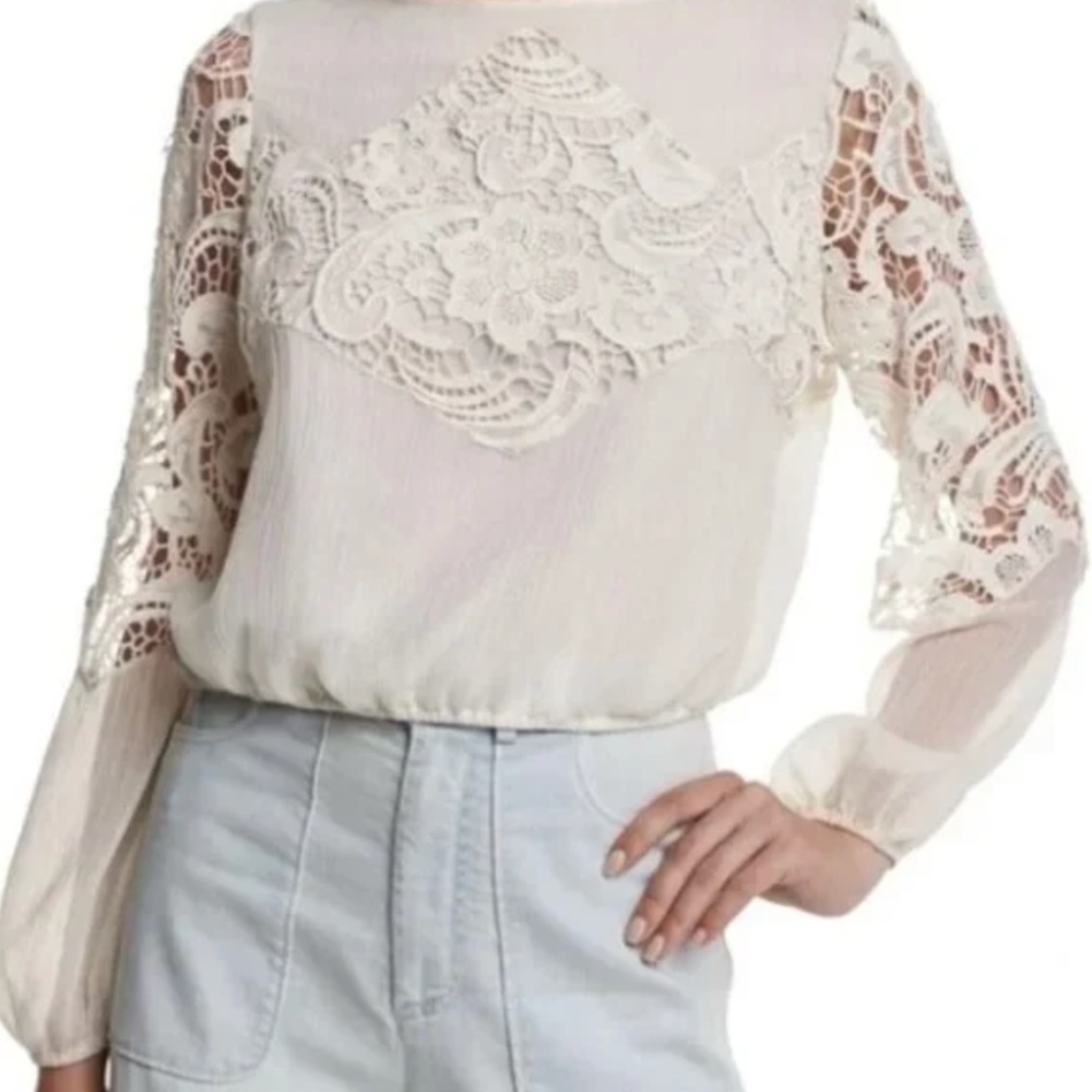 Alice + Olivia Jenelle Long-Sleeve Lace-Trim Plisse Blouse, Cream